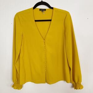 1. State Button Front Blouse Top in Honey Pot Yellow XSmall XS VNeck Ruffle Cuff